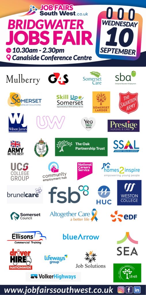 Exhibitor logos for the Bridgwater jobs fair 10th September 2025